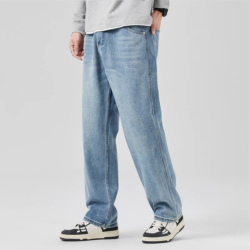 Men Denim Jeans Loose Fit Mid Waist Drawstring Elastic