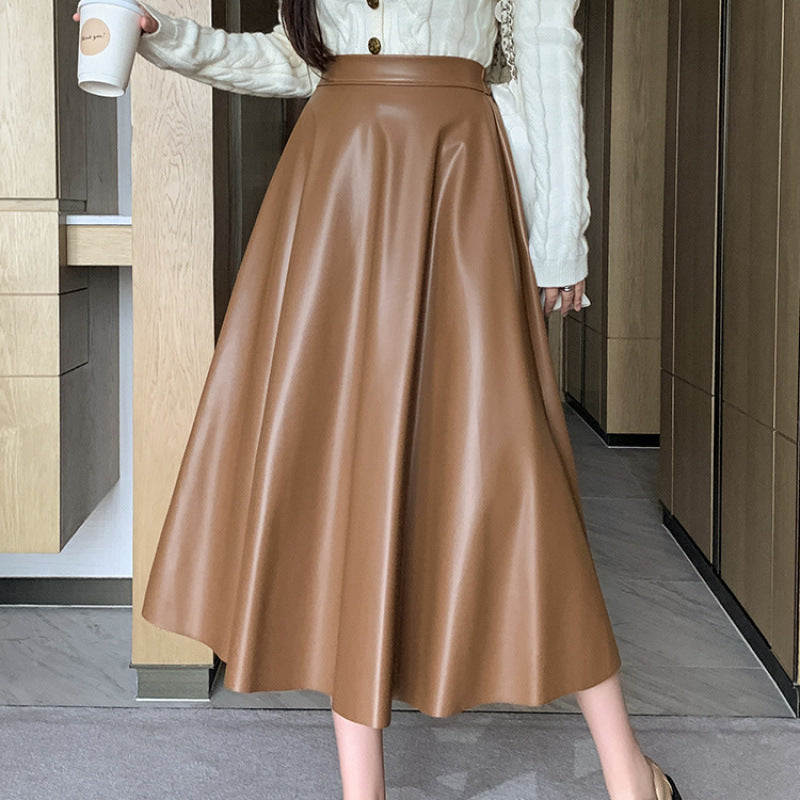 Female Mid-Length A-Line Skirt With Umbrella Silhouette and Subtle Stretch PU Finish