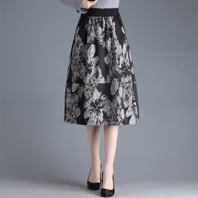 Female Mid-Length Skirt With High Waist A-Line Cut and Jacquard Floral Pattern