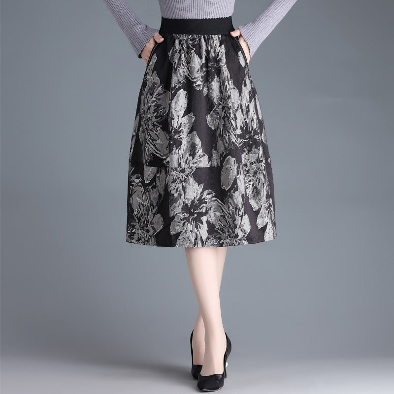 Female Mid-Length Skirt With High Waist A-Line Cut and Jacquard Floral Pattern