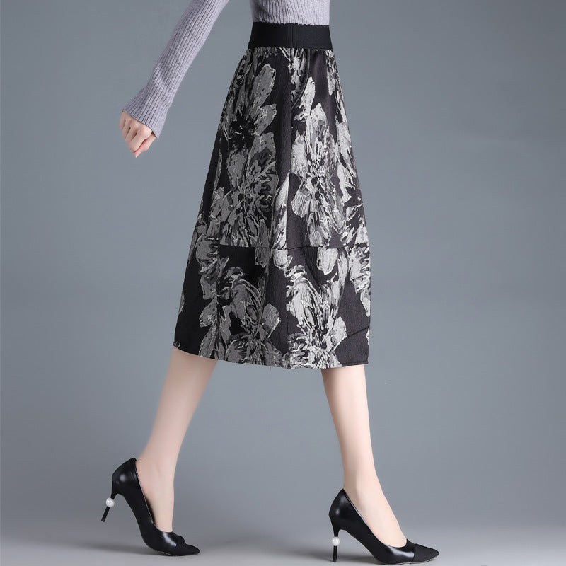 Female Mid-Length Skirt With High Waist A-Line Cut and Jacquard Floral Pattern