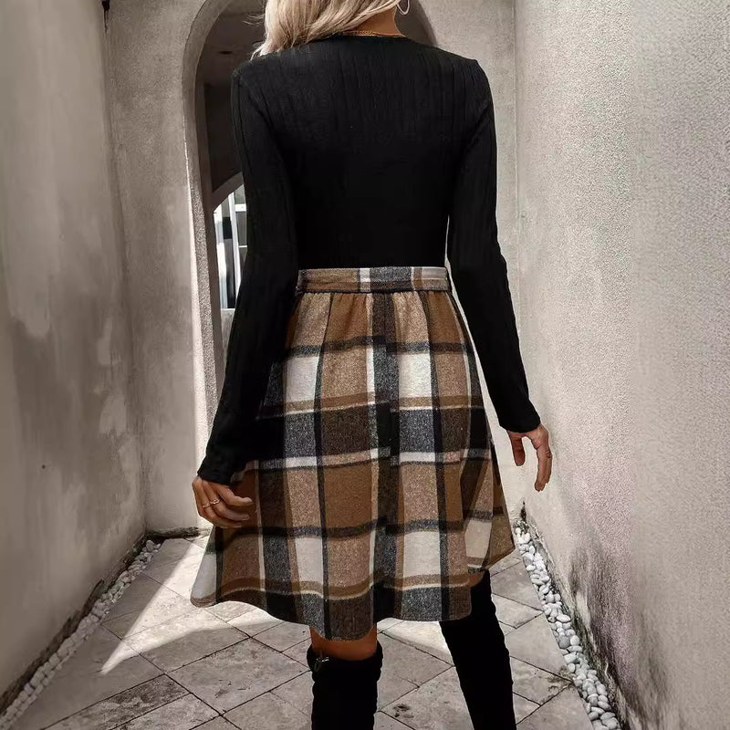 Woman Autumn Dress Plaid Stitching A-Line With Lace-Up Detail and Long Sleeves