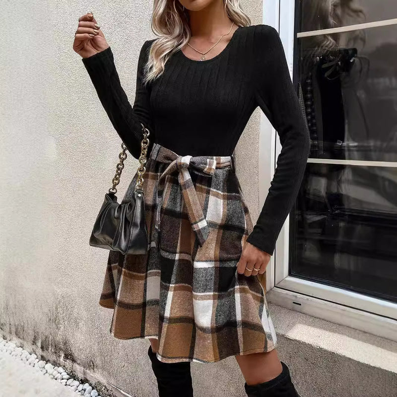 Woman Autumn Dress Plaid Stitching A-Line With Lace-Up Detail and Long Sleeves