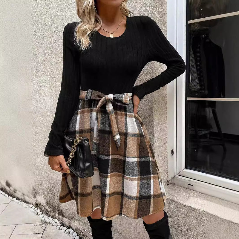 Woman Autumn Dress Plaid Stitching A-Line With Lace-Up Detail and Long Sleeves