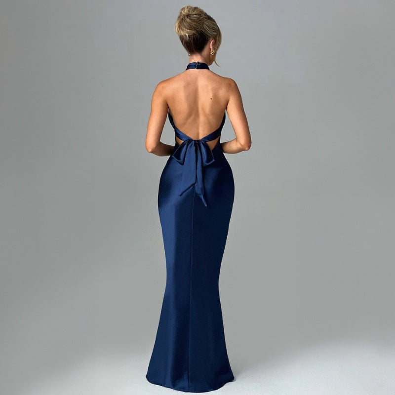 Women Summer Long Dress Backless Sleeveless With Lace-Up Detail