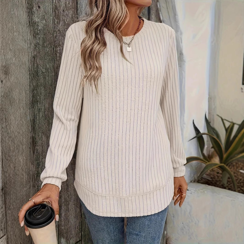 Women Spring Pullover Top With Crew Neck Splicing Detail And Loose Fit