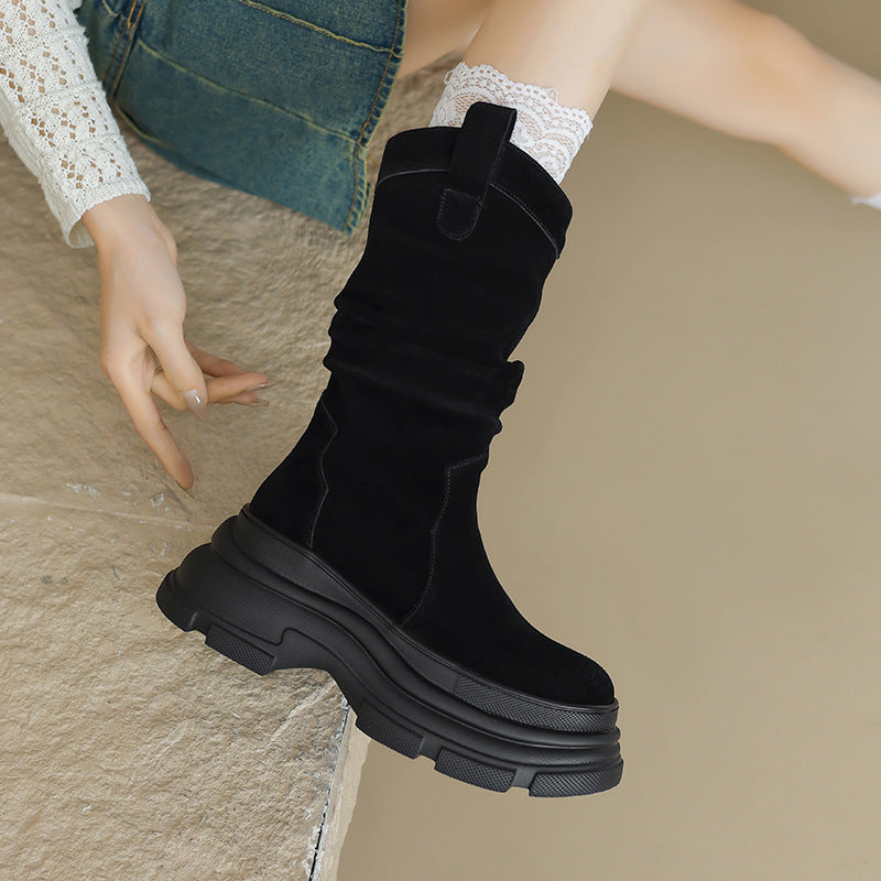 Women Winter Suede Mid-Calf Boots Thick Sole Round Toe Rubber Outsole
