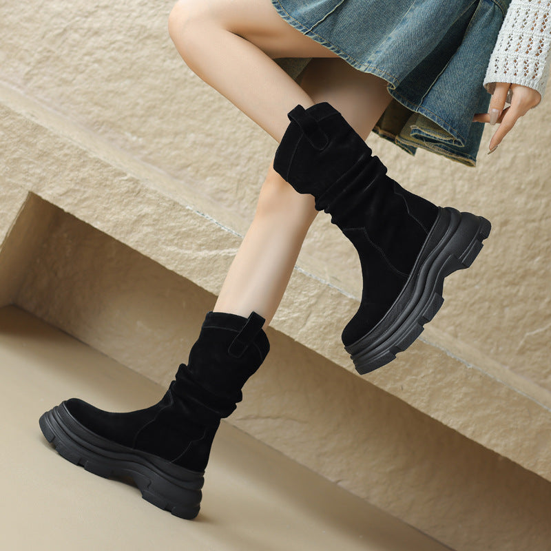Women Winter Suede Mid-Calf Boots Thick Sole Round Toe Rubber Outsole