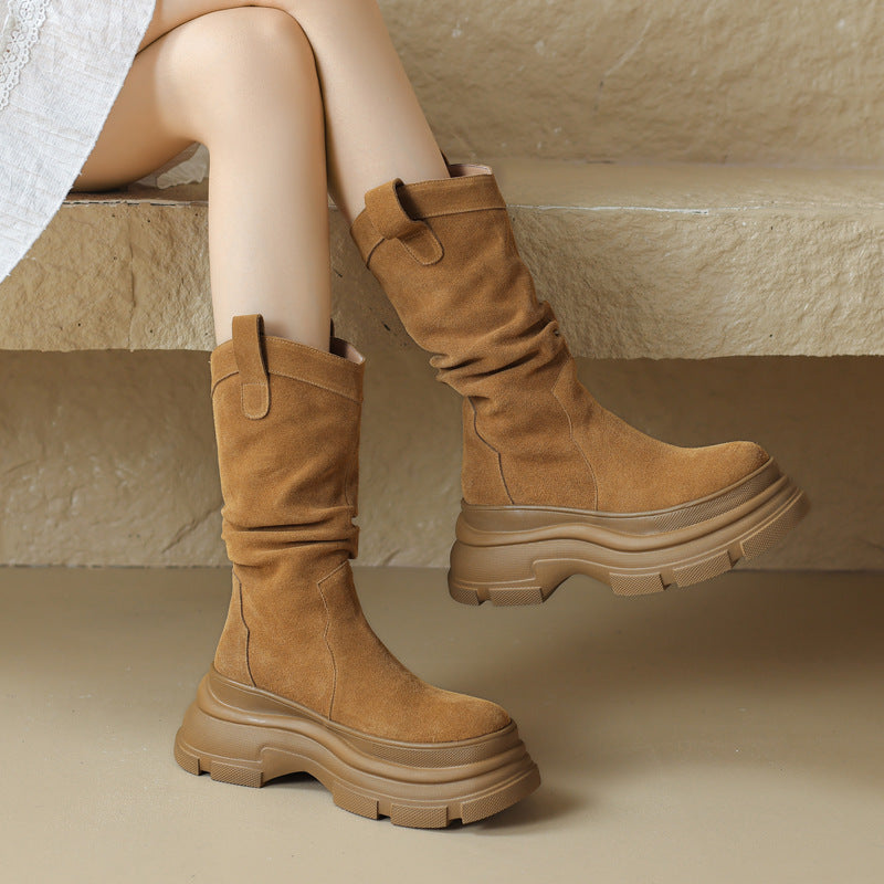 Women Winter Suede Mid-Calf Boots Thick Sole Round Toe Rubber Outsole