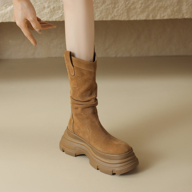 Women Winter Suede Mid-Calf Boots Thick Sole Round Toe Rubber Outsole