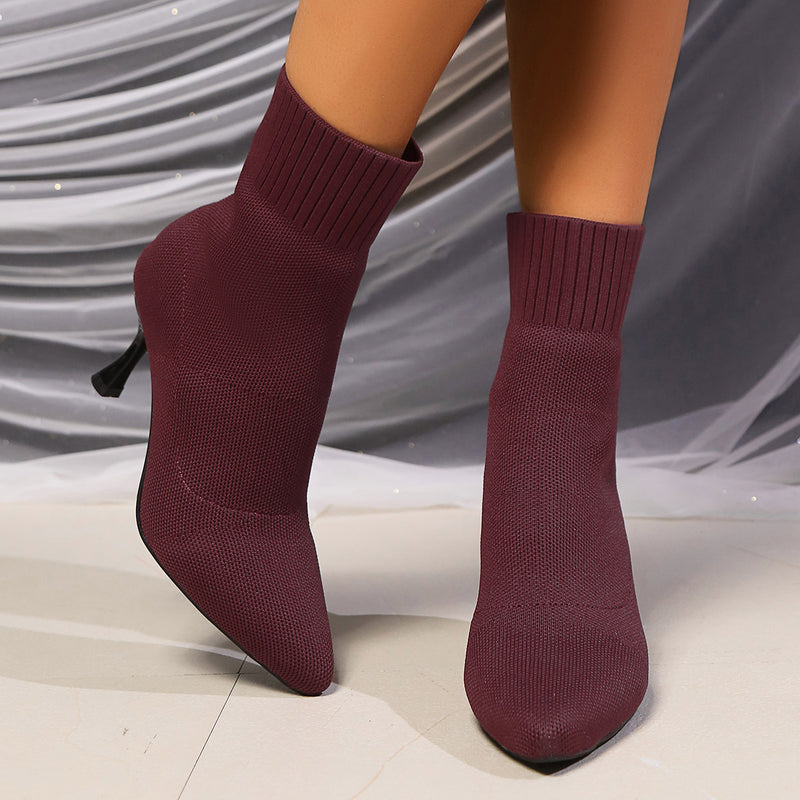 Women Autumn Stiletto Boots Knitted Stretch Slip-On Pointed Toe High Heel