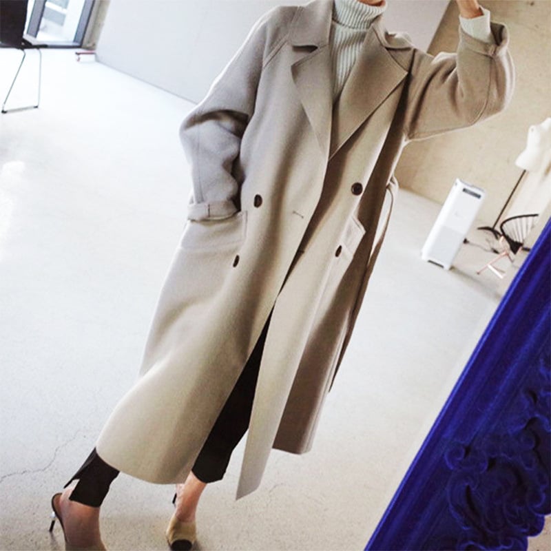 Women Autumn Coat Mid Length Double Sided With Waist Belt And Straight Cut Design