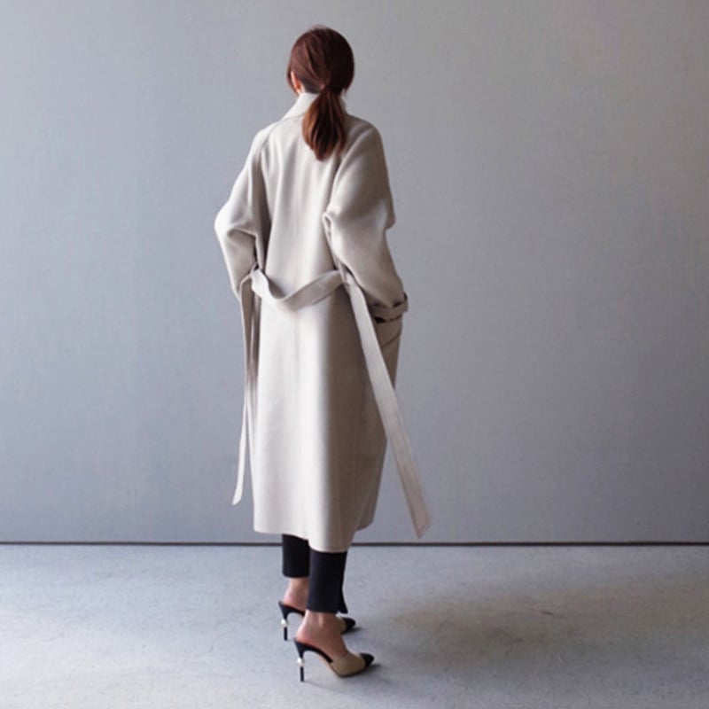 Women Autumn Coat Mid Length Double Sided With Waist Belt And Straight Cut Design