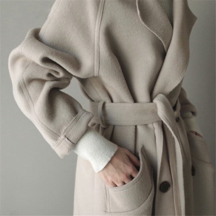 Women Autumn Coat Mid Length Double Sided With Waist Belt And Straight Cut Design