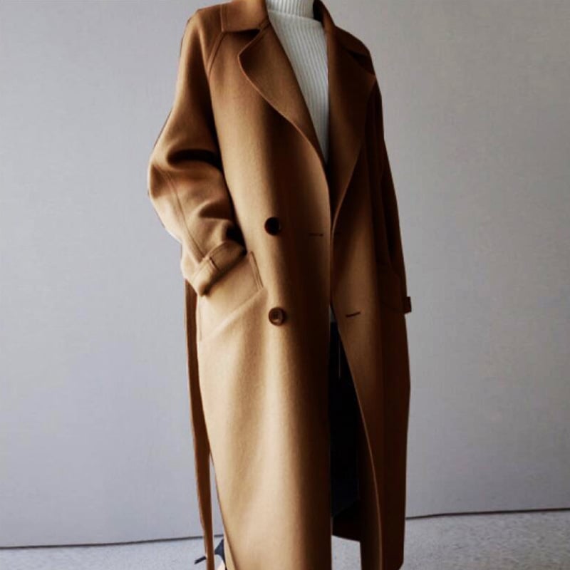 Women Autumn Coat Mid Length Double Sided With Waist Belt And Straight Cut Design