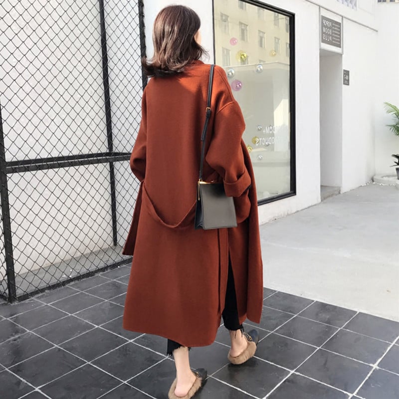 Women Autumn Coat Mid Length Double Sided With Waist Belt And Straight Cut Design