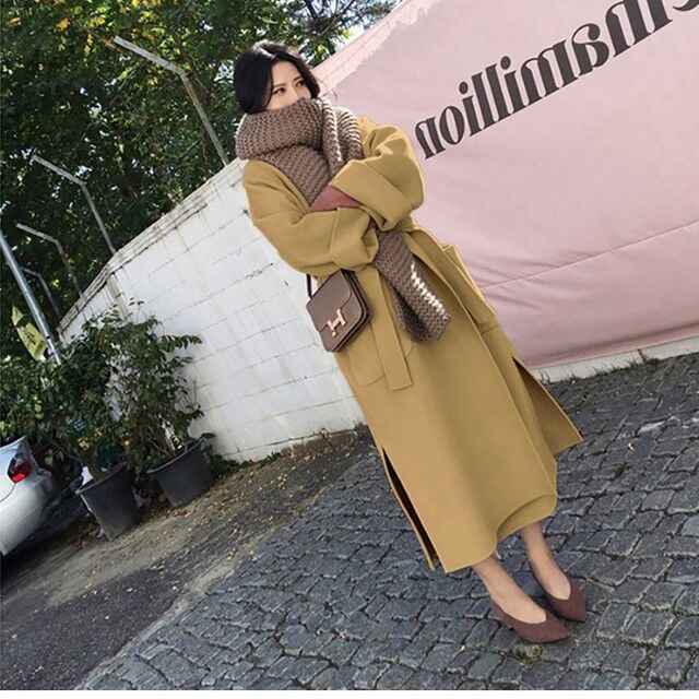 Women Autumn Coat Mid Length Double Sided With Waist Belt And Straight Cut Design
