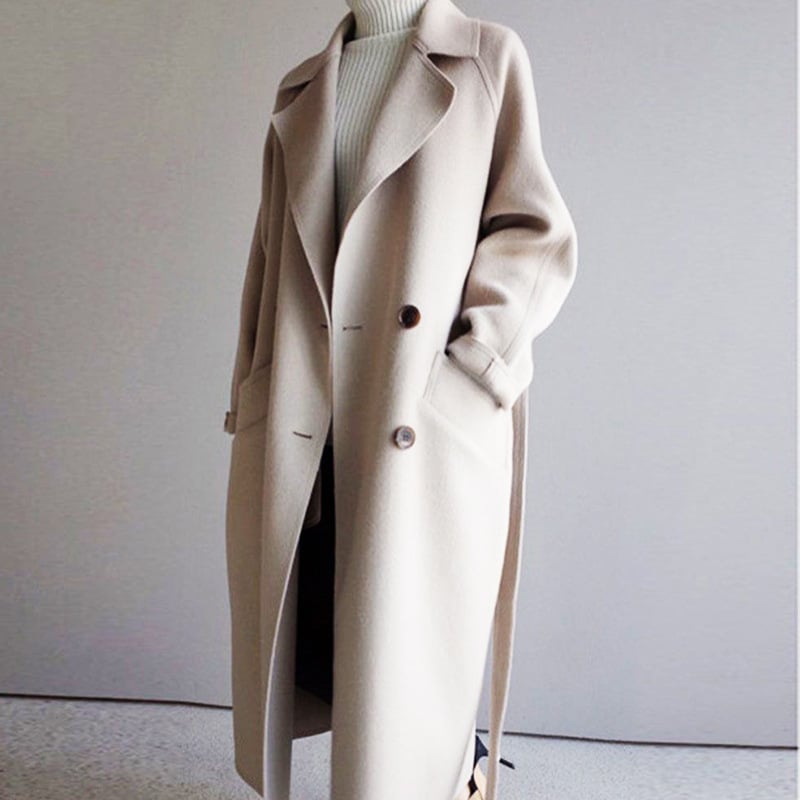 Women Autumn Coat Mid Length Double Sided With Waist Belt And Straight Cut Design