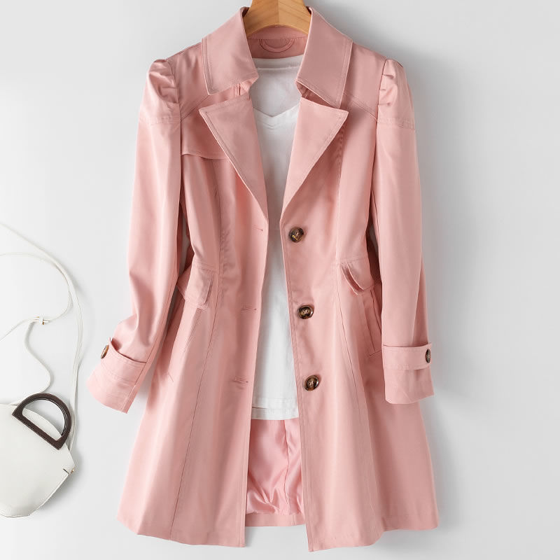 Women Spring Jacket Mid Length Slim Fit With Single Breasted Closure And Long Sleeves