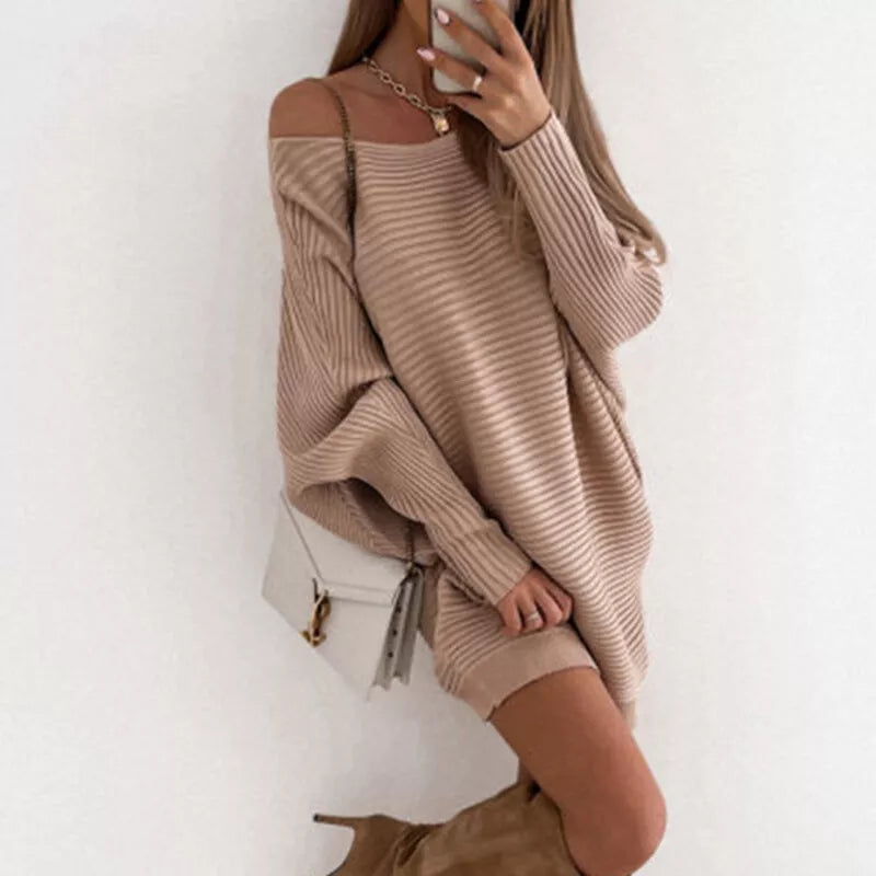 Woman Spring and Autumn Long-Sleeve Knit Mini Dress with Ribbed Texture