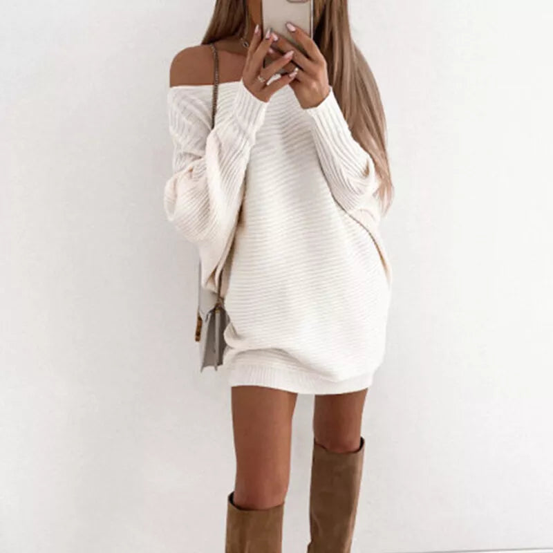 Woman Spring and Autumn Long-Sleeve Knit Mini Dress with Ribbed Texture