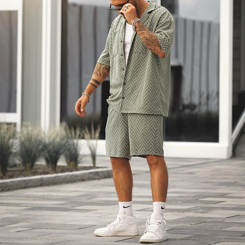 Men's Summer Short Sleeve Shirt And Shorts Set Gray Green
