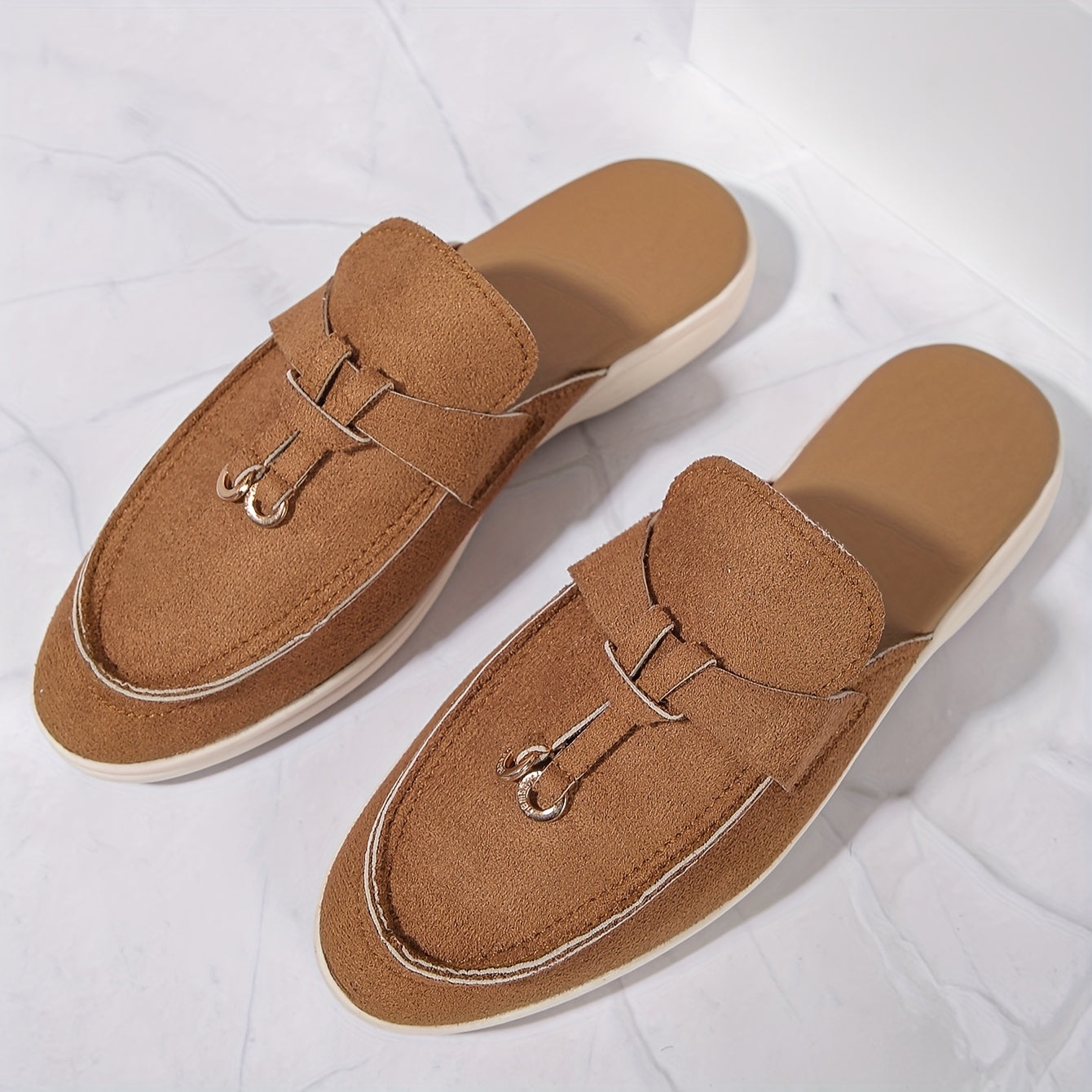 Women Backless Slip-On Loafer with Gold Hardware and Cushioned Insole