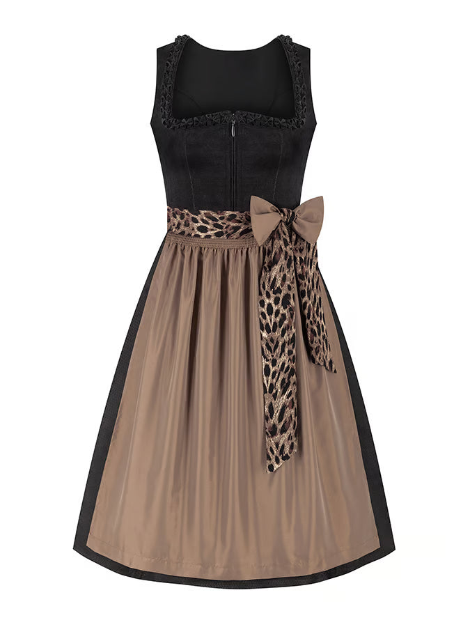 Sophisticated Women's Leopard Print Dress with Bow Accent and Elegant Lace Detailing