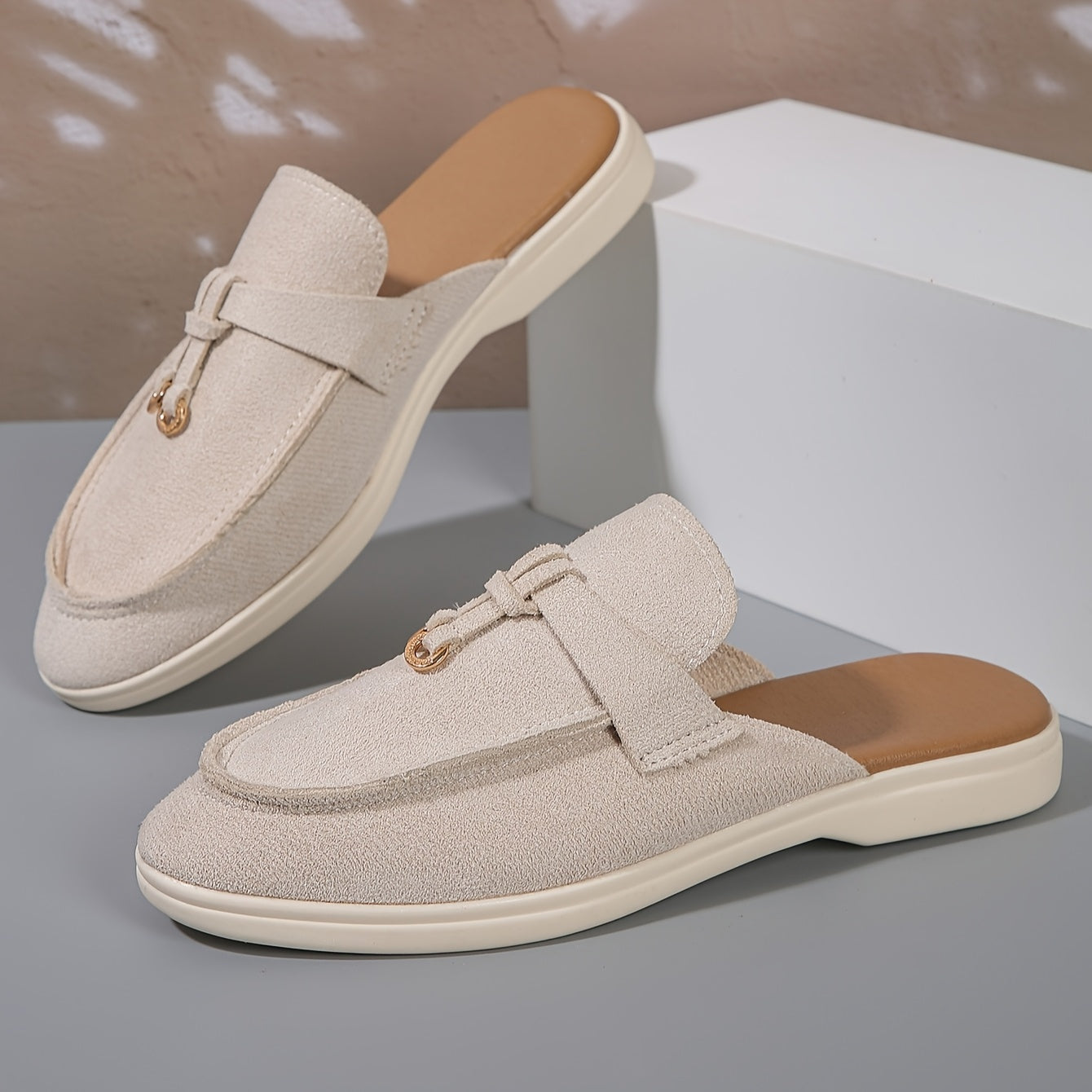 Women Backless Slip-On Loafer with Gold Hardware and Cushioned Insole