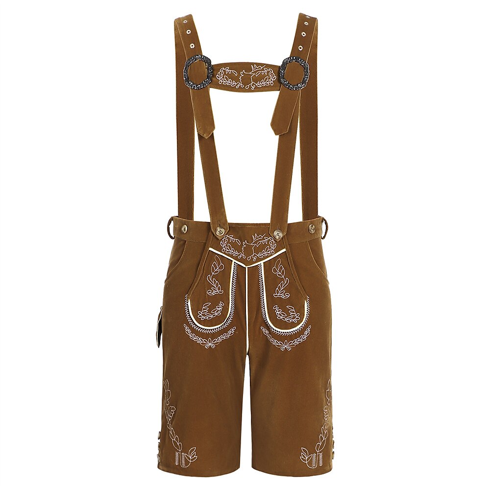 Stylish men's Oktoberfest leather trousers with intricate embroidery, comfortable suspenders, and practical side pockets – the perfect festival look