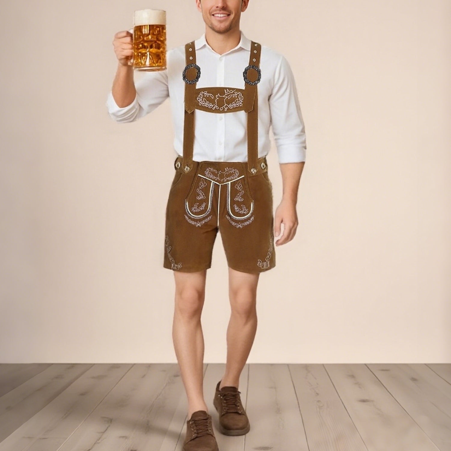 Stylish men's Oktoberfest leather trousers with intricate embroidery, comfortable suspenders, and practical side pockets – the perfect festival look