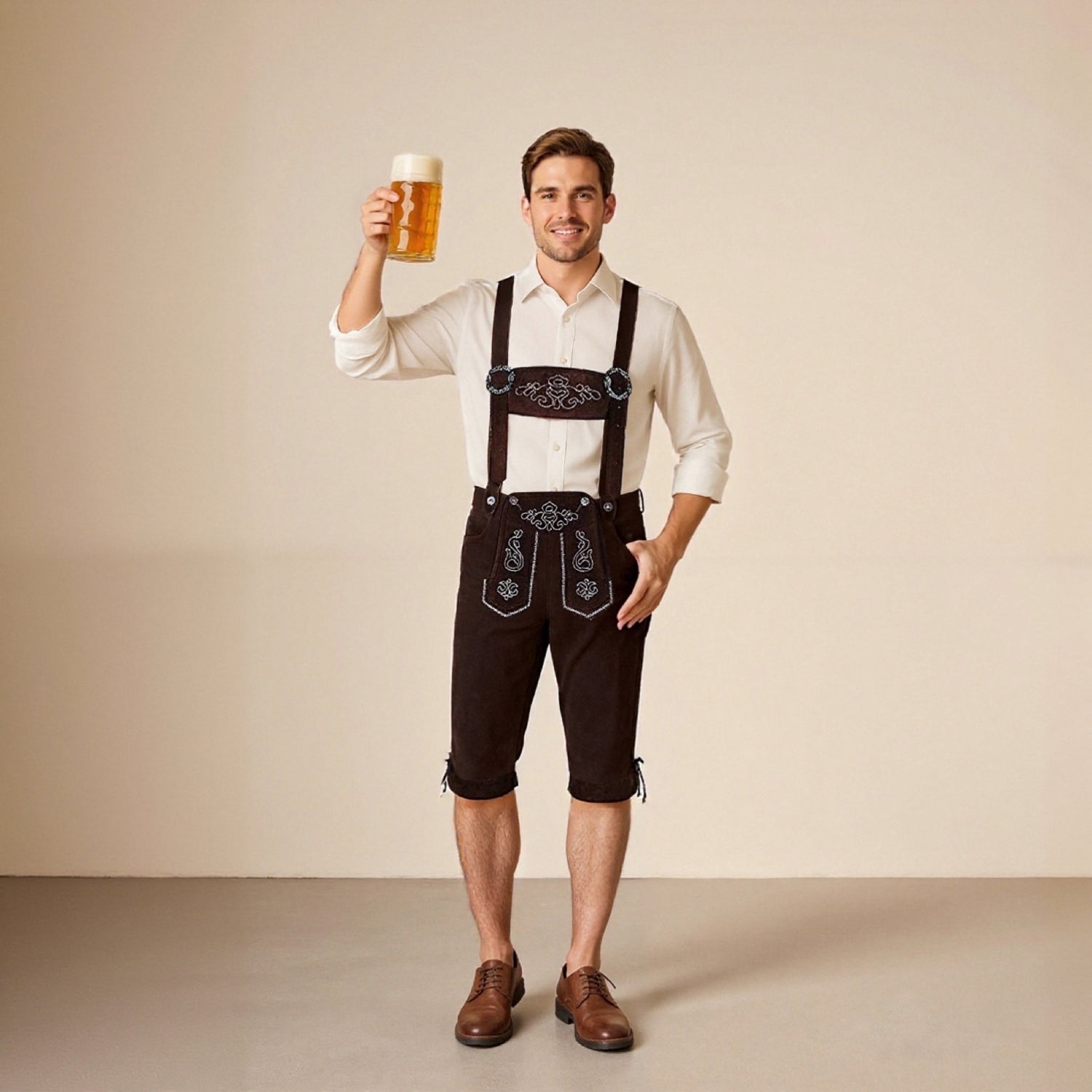 Men's Sophistication: Leather Shorts with Intricate Embroidery and Adjustable Suspenders – Your Ideal Oktoberfest Outfit